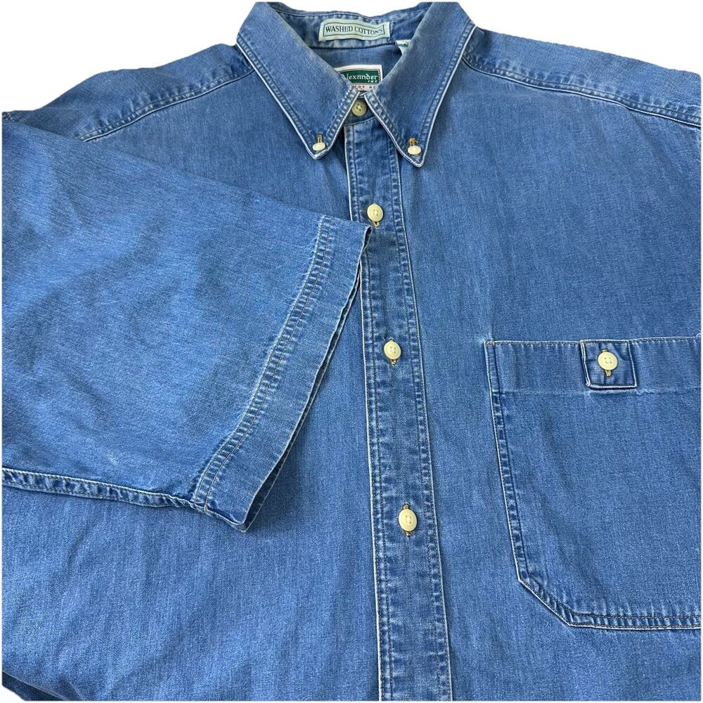 VTG Ron Alexander Men Medium Denim Shirt Short Sleeve Back Button Pleat EUC